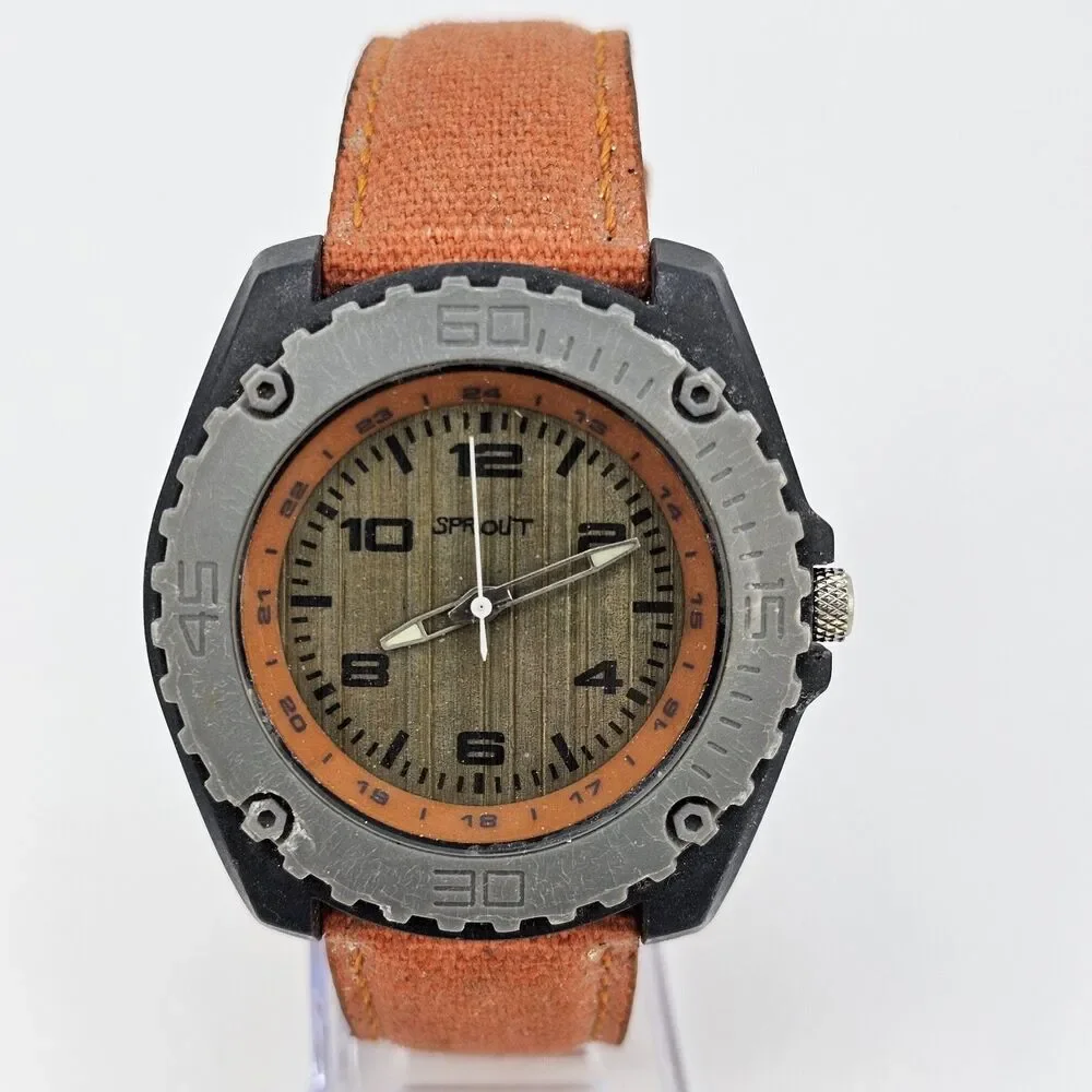 Men's Sprout Watch 42MM‎ Brown Dial Orange Canvas Band Straps New Battery